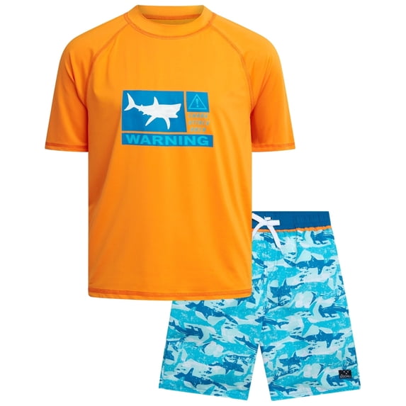 Big Chill Boys' Rash Guard Set - UPF 50+ Short Sleeve Swim Shirt and Bathing Suit Trunks - Swimwear Set for Boys (4-14)