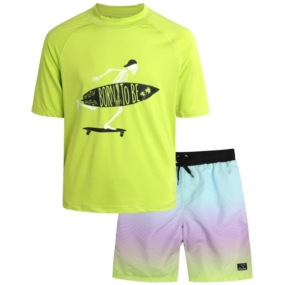 Big Chill Boys' Rash Guard Set - UPF 50+ Short Sleeve Swim Shirt and Bathing Suit Trunks - Swimwear Set for Boys (4-14)