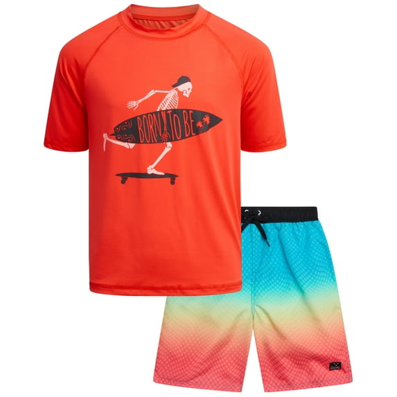 Big Chill Boys' Rash Guard Set - UPF 50+ Short Sleeve Swim Shirt and Bathing Suit Trunks - Swimwear Set for Boys (4-14)