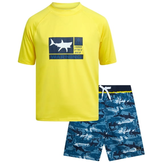 Big Chill Boys' Rash Guard Set - UPF 50+ Short Sleeve Swim Shirt and Bathing Suit Trunks - Swimwear Set for Boys (4-14)