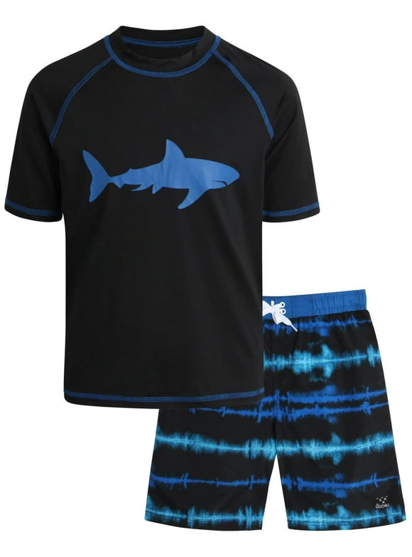Big Chill Boys' Rash Guard Set - UPF 50+ Short Sleeve Swim Shirt and Bathing Suit Trunks - Swimwear Set for Boys (4-14)