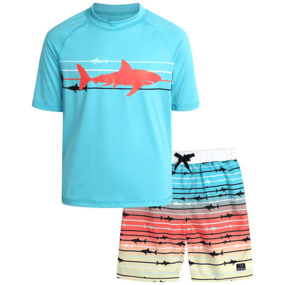 Big Chill Boys' Rash Guard Set - UPF 50+ Short Sleeve Swim Shirt and Bathing Suit Trunks - Swimwear Set for Boys (4-14)
