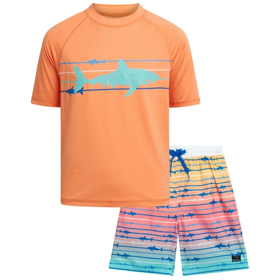 Big Chill Boys' Rash Guard Set - UPF 50+ Short Sleeve Swim Shirt and Bathing Suit Trunks - Swimwear Set for Boys (4-14)