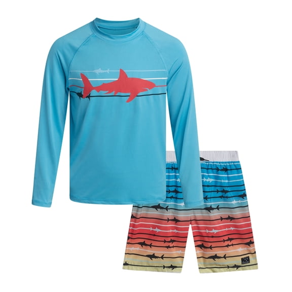 Big Chill Boys Rash Guard Set - UPF50 Sun Protection Long Sleeve Swim Shirt and Boys Swim Trunks