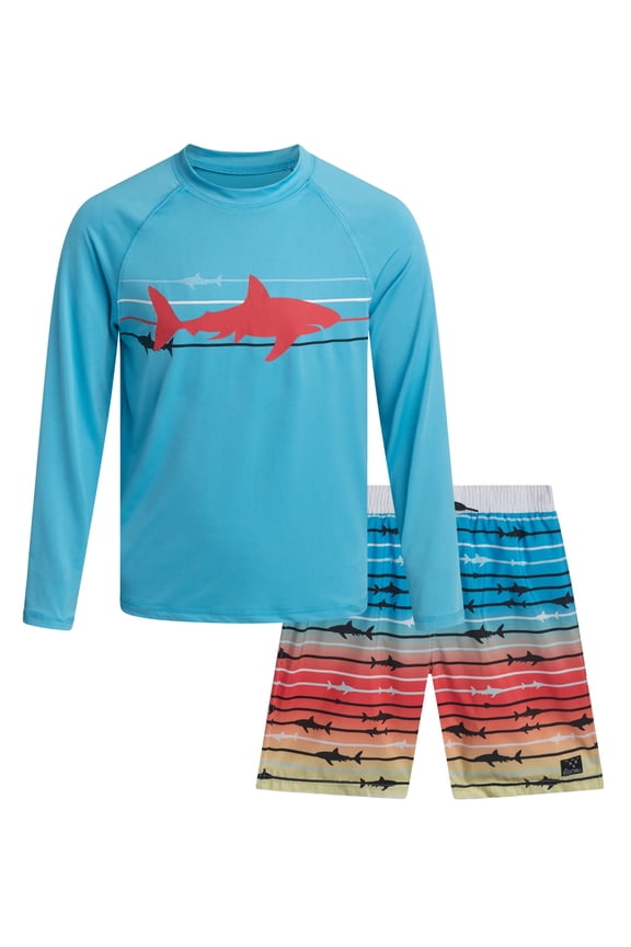 Boys Rash Guard Set - UPF50+ Sun Protection Long Sleeve Swim Shirt and Boys Swim Trunks