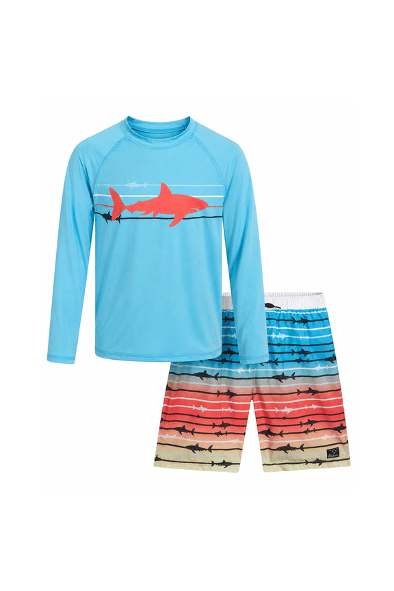 Boys Swim Set - UPF 50+ Long Sleeve Rash Guard and Swim Trunks, 2 Piece Boys Swimsuit Set