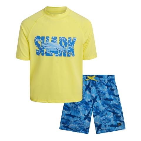 Boys Rash Guard Swim Set - Short Sleeve Rash Guard Swim Shirt & Swim Trunks (6-14)