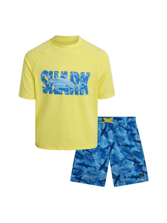 Boys Swim Set - UPF50+ Short Sleeve Rash Guard Swim Shirt and Swim Trunks 2 Piece Set