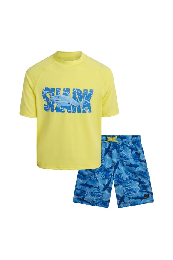 Boys Swim Set - UPF50+ Short Sleeve Rash Guard Swim Shirt and Swim Trunks 2 Piece Set