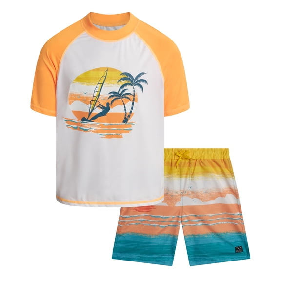 Big Chill Boys Swim Set - UPF50+ Short Sleeve Rash Guard Swim Shirt and Swim Trunks 2 Piece Set