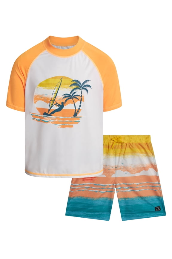 Boys Swim Set - UPF50+ Short Sleeve Rash Guard Swim Shirt and Swim Trunks 2 Piece Set