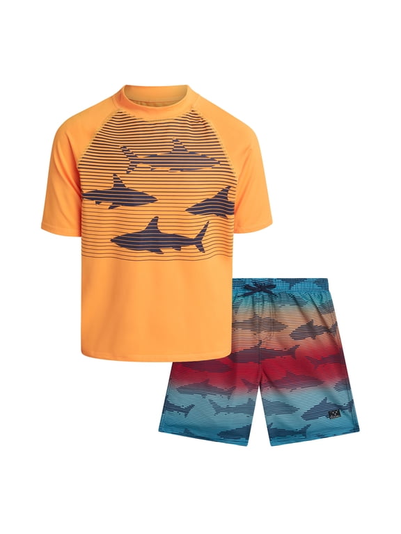 Boys Swim Set - UPF50+ Short Sleeve Rash Guard Swim Shirt and Swim Trunks 2 Piece Set