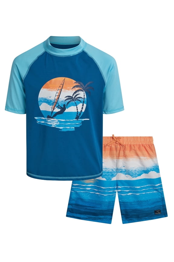 Boys Swim Set - UPF50+ Short Sleeve Rash Guard Swim Shirt and Swim Trunks 2 Piece Set