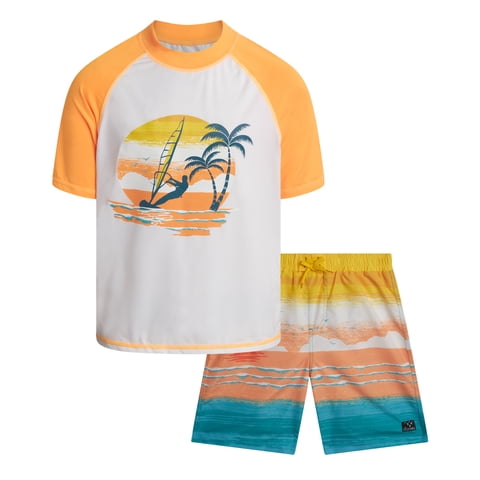 Boys Swim Set - UPF50+ Short Sleeve Rash Guard Swim Shirt and Swim Trunks 2 Piece Set