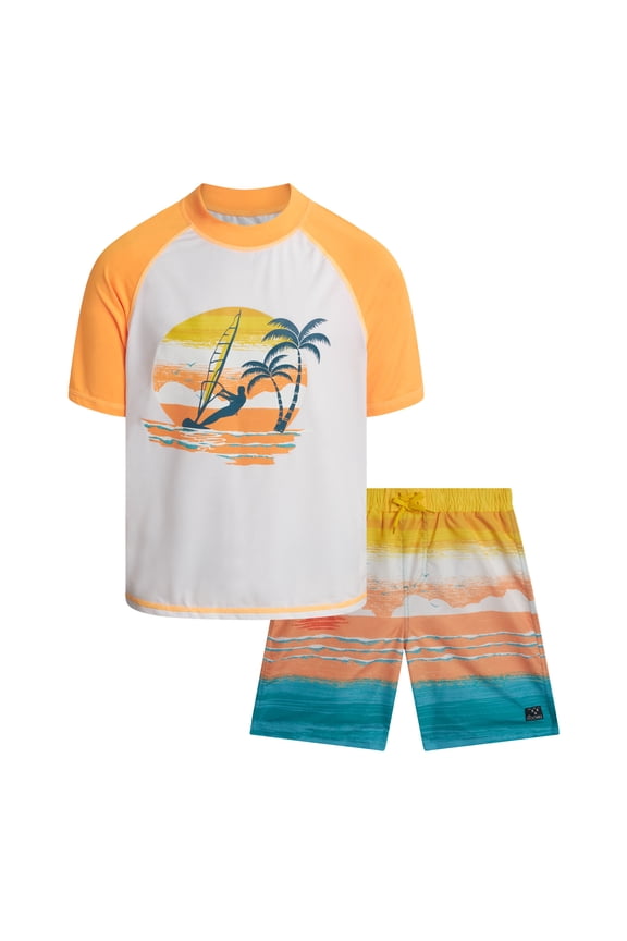 Boys Swim Set - UPF50+ Short Sleeve Rash Guard Swim Shirt and Swim Trunks 2 Piece Set
