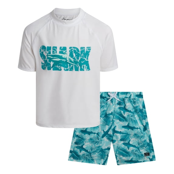 Big Chill Boys Rash Guard Swim Set - Short Sleeve Rash Guard Swim Shirt & Swim Trunks (6-14)