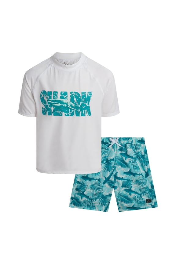 Boys Swim Set - UPF50+ Short Sleeve Rash Guard Swim Shirt and Swim Trunks 2 Piece Set