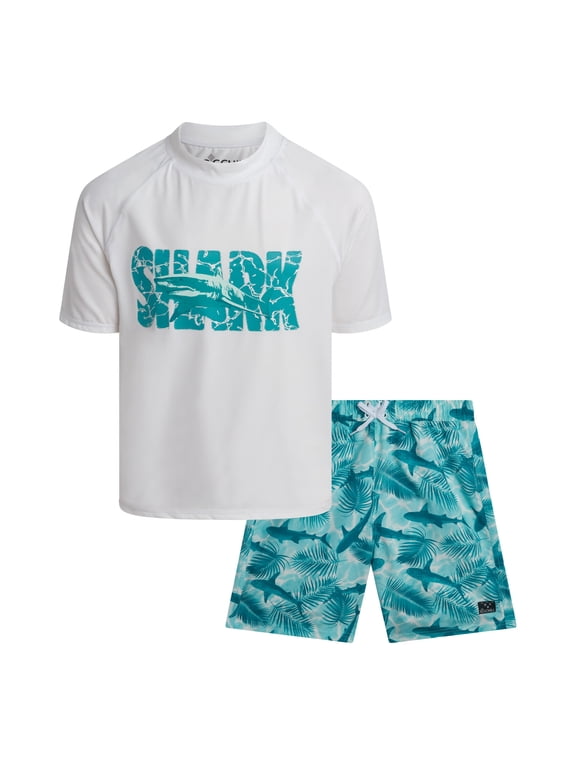 Boys Swim Set - UPF50+ Short Sleeve Rash Guard Swim Shirt and Swim Trunks 2 Piece Set