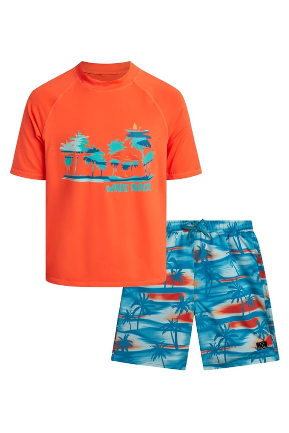 Boys Swim Set - UPF50+ Short Sleeve Rash Guard Swim Shirt and Swim Trunks 2 Piece Set