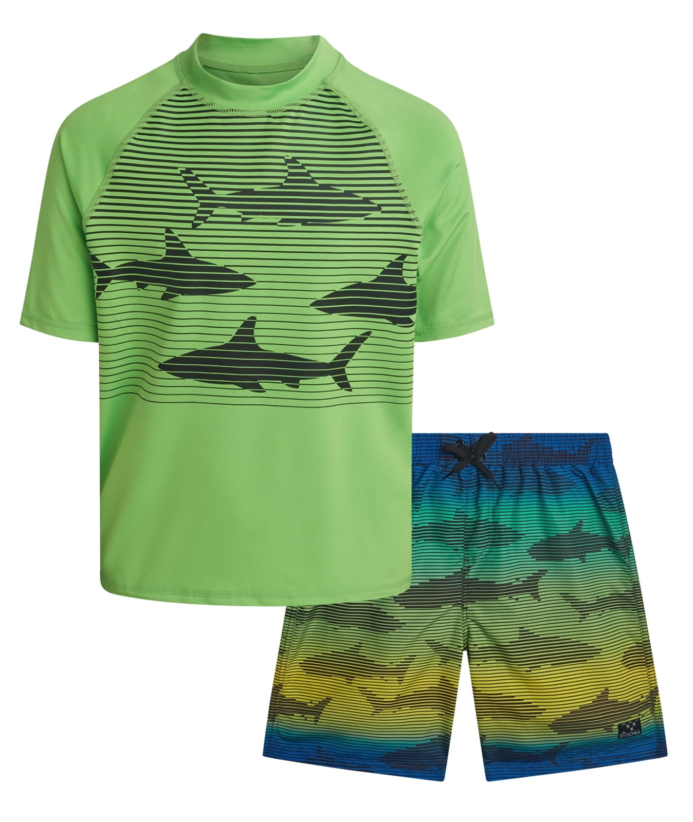 Big Chill Boys Swim Set - UPF50+ Short Sleeve Rash Guard Swim Shirt and Swim Trunks 2 Piece Set