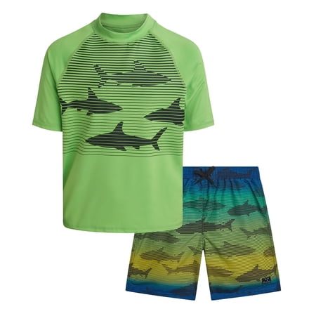Big Chill Boys Swim Set - UPF50+ Short Sleeve Rash Guard Swim Shirt and Swim Trunks 2 Piece Set