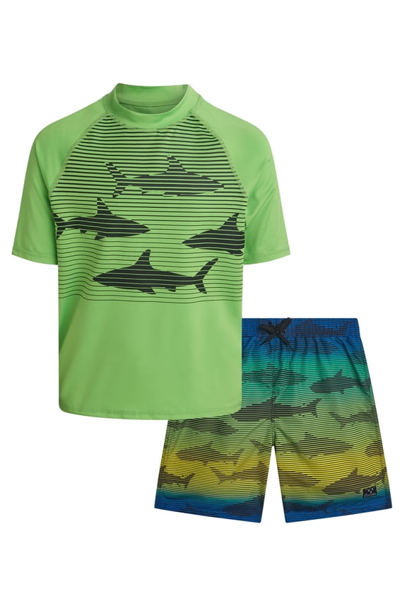 Boys Swim Set - UPF50+ Short Sleeve Rash Guard Swim Shirt and Swim Trunks 2 Piece Set