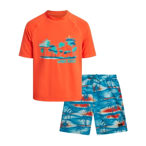 Big Chill Boys Swim Set - UPF50+ Short Sleeve Rash Guard Swim Shirt and Swim Trunks 2 Piece Set