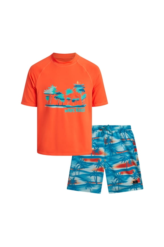 Boys Swim Set - UPF50+ Short Sleeve Rash Guard Swim Shirt and Swim Trunks 2 Piece Set