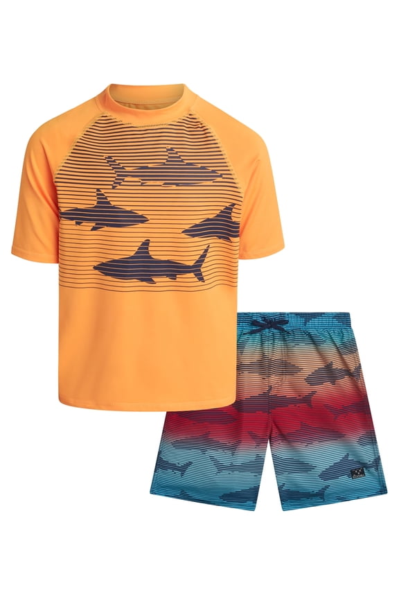 Boys Rash Guard Swim Set - Short Sleeve Rash Guard Swim Shirt & Swim Trunks (6-14)