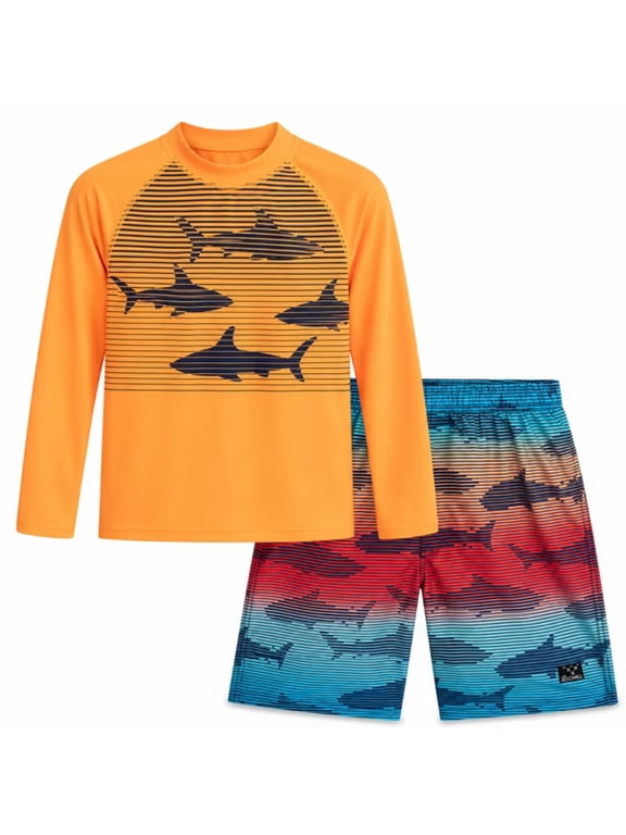 Boys Rash Guard Swim Set - UPF 50+ Long Sleeve Shirt & Board Shorts, 2 Piece/4 Piece