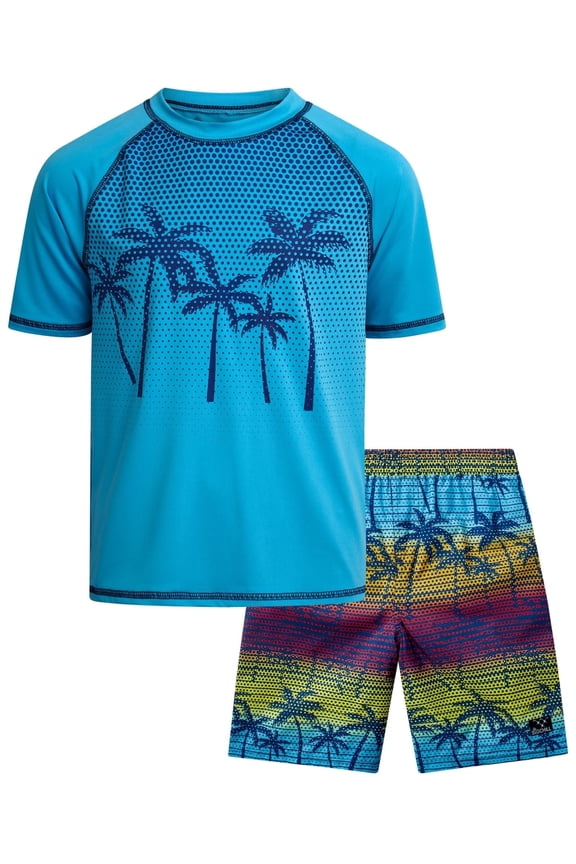 Boys Swim Set - UPF50+ Short Sleeve Rash Guard Swim Shirt and Swim Trunks 2 Piece Set