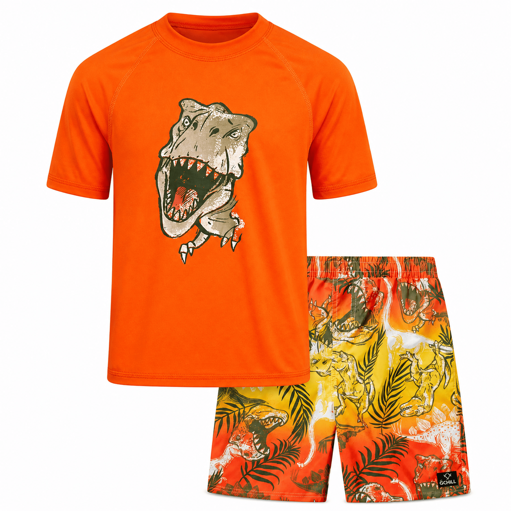 Big Chill Boys Swim Set - UPF50+ Short Sleeve Rash Guard Swim Shirt and Swim Trunks 2 Piece Set