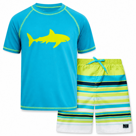 Big Chill Boys Swim Set - UPF50+ Short Sleeve Rash Guard Swim Shirt and Swim Trunks 2 Piece Set