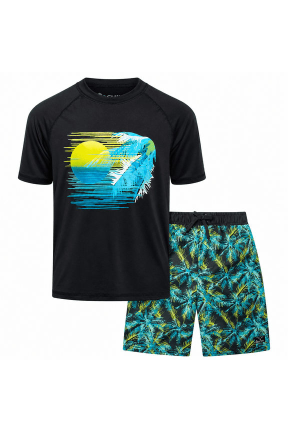 Boys Swim Set - UPF50+ Short Sleeve Rash Guard Swim Shirt and Swim Trunks 2 Piece Set