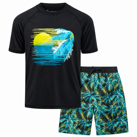 Boys Swim Set - UPF50+ Short Sleeve Rash Guard Swim Shirt and Swim Trunks 2 Piece Set