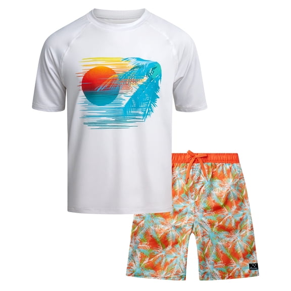 Big Chill Boys Rash Guard Swim Set - Short Sleeve Rash Guard Swim Shirt & Swim Trunks (6-14)