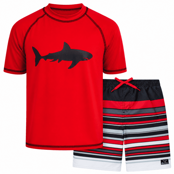 Big Chill Boys Rash Guard Swim Set - Short Sleeve Rash Guard Swim Shirt & Swim Trunks (6-14)