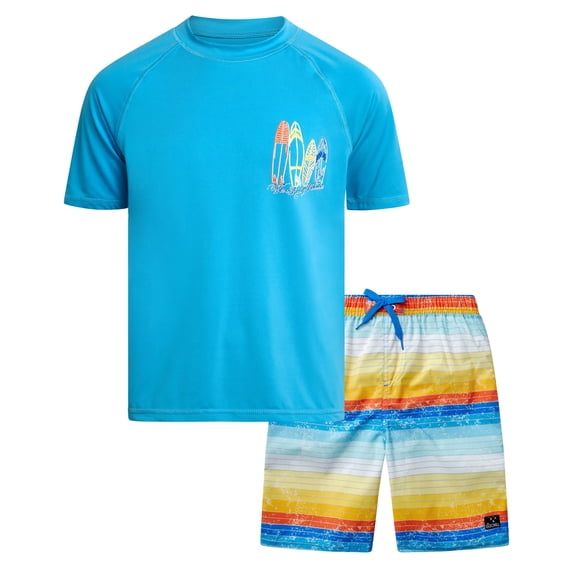 Big Chill Boys Rash Guard Swim Set - Short Sleeve Rash Guard Swim Shirt & Swim Trunks (6-14)