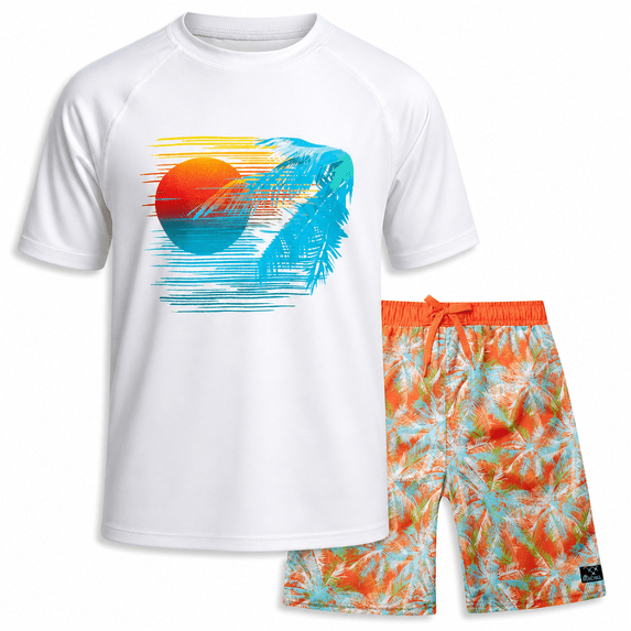 Big Chill Boys Swim Set - UPF50+ Short Sleeve Rash Guard Swim Shirt and Swim Trunks 2 Piece Set