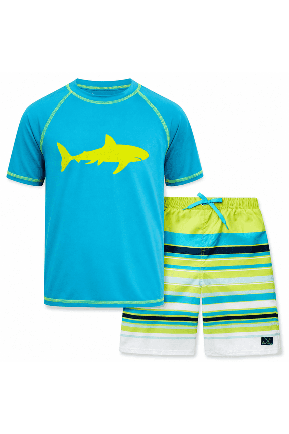 Boys Swim Set - UPF50+ Short Sleeve Rash Guard Swim Shirt and Swim Trunks 2 Piece Set