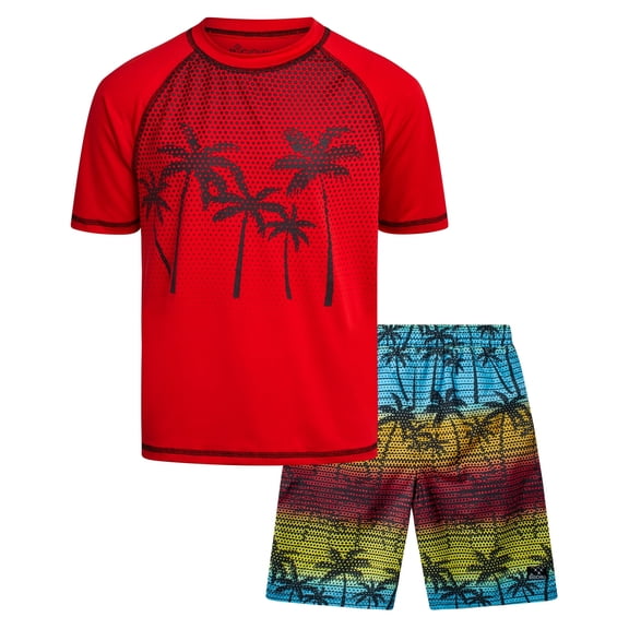 Big Chill Boys Rash Guard Swim Set - Short Sleeve Rash Guard Swim Shirt & Swim Trunks (6-14)