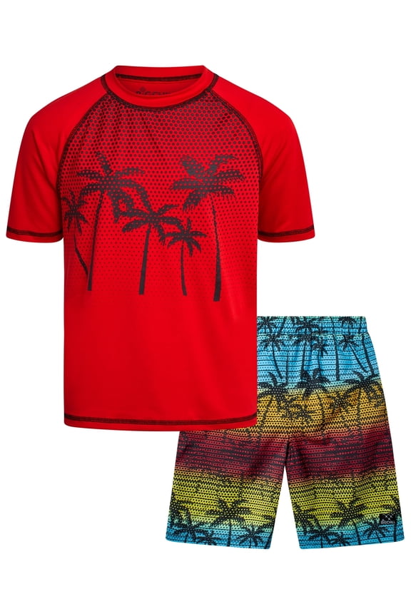 Boys Rash Guard Swim Set - Short Sleeve Rash Guard Swim Shirt & Swim Trunks (6-14)