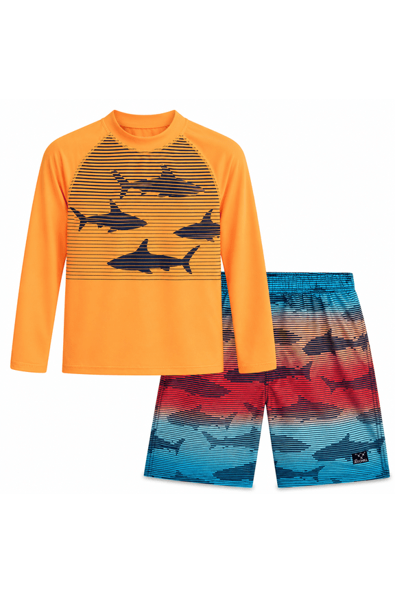 Boys Swim Set - UPF 50+ Long Sleeve Rash Guard and Swim Trunks, 2 Piece Boys Swimsuit Set