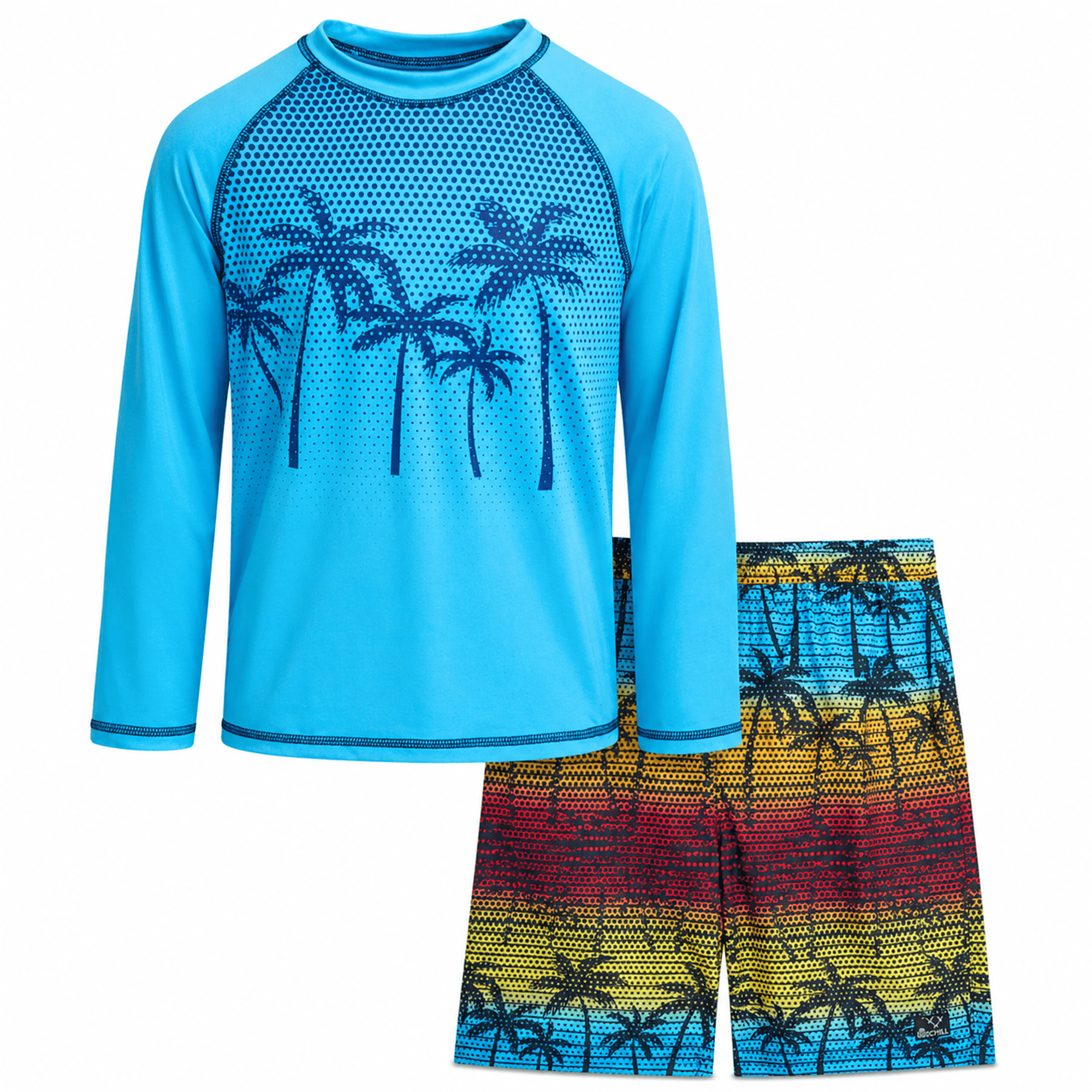 Big Chill Boys Swim Set - Boys Rash Guard Swim Set - UPF 50+ Rash Guard Long Sleeve Swim Shirt Board Short Swim Trunks (5-14)