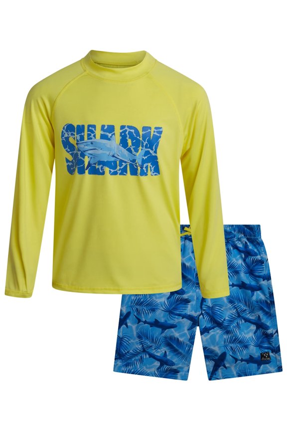 Boys Swim Set - Boys Rash Guard Swim Set - UPF 50+ Rash Guard Long Sleeve Swim Shirt Board Short Swim Trunks (5-14)
