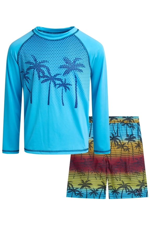 Boys Swim Set - Boys Rash Guard Swim Set - UPF 50+ Rash Guard Long Sleeve Swim Shirt Board Short Swim Trunks (5-14)
