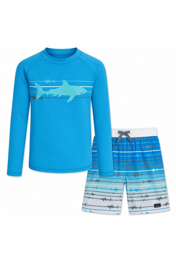 Boys Swim Set - UPF 50+ Long Sleeve Rash Guard and Swim Trunks, 2 Piece Boys Swimsuit Set