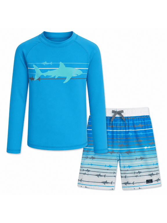 Boys Rash Guard Swim Set - UPF 50+ Long Sleeve Shirt & Board Shorts, 2 Piece/4 Piece