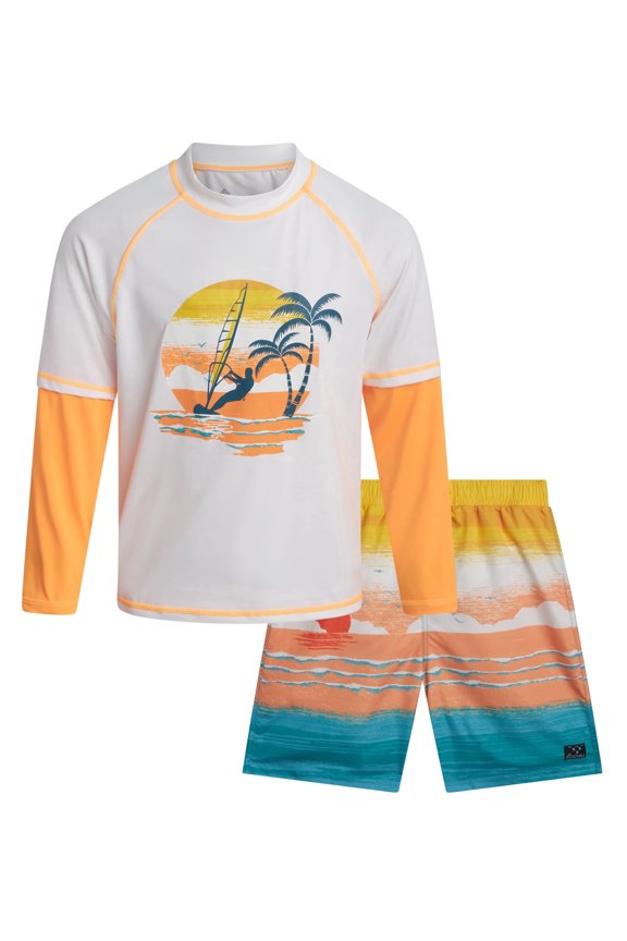 Boys Swim Set - Boys Rash Guard Swim Set - UPF 50+ Rash Guard Long Sleeve Swim Shirt Board Short Swim Trunks (5-14)