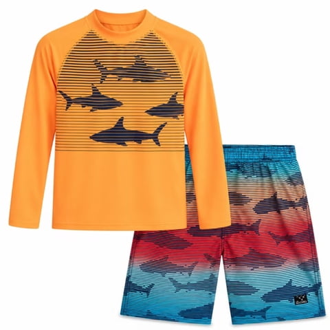 Boys Swim Set - UPF 50+ Long Sleeve Rash Guard and Swim Trunks, 2 Piece Boys Swimsuit Set